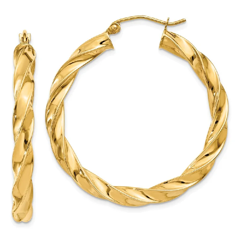 Petite Gold Earrings-4mm x 36mm Polished 14k Yellow Gold Hollow Twisted Round Hoop Earrings