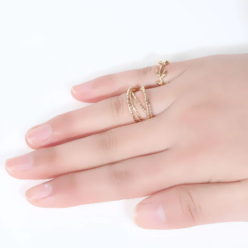 Sexy Sparkles 1set (2pc) Open Band Knuckle Midi Rings Leaf Pattern Midi Ring Set