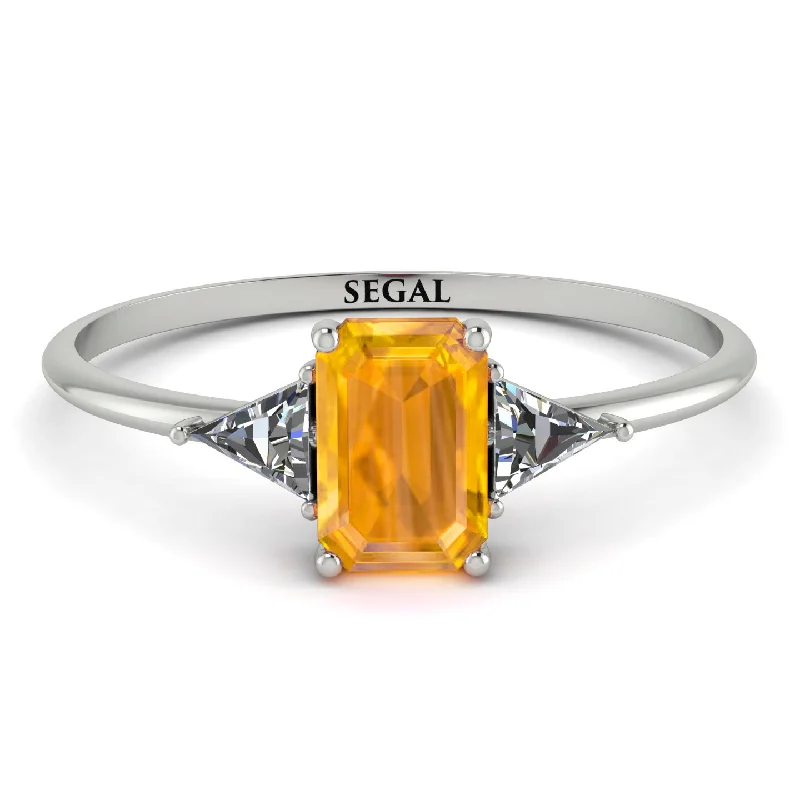 Emerald Cut Yellow Diamond With Triangles Ring - Remi No. 1003