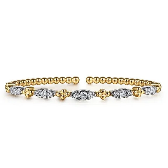 Handmade Diamond Bangles-14K White Yellow Gold Bujukan Beads and Diamond Station Split Bangle Bracelet