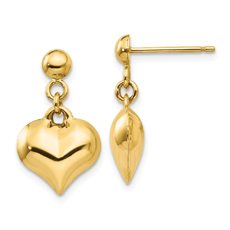 Celestial Star Earrings-11mm Puffed Heart Dangle Post Earrings in 14k Yellow Gold