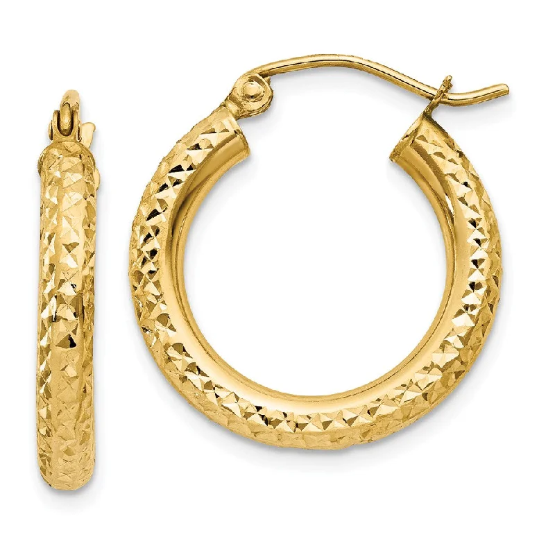 Glamorous Drop Earrings-3mm, 14k Yellow Gold Diamond-cut Hoops, 20mm (3/4 Inch)