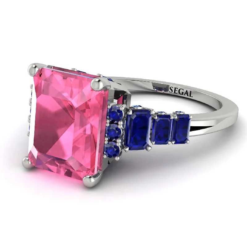 Emerald Cut Pink Moissanite Ring Hidden Round Diamonds - Sawyer No. 815