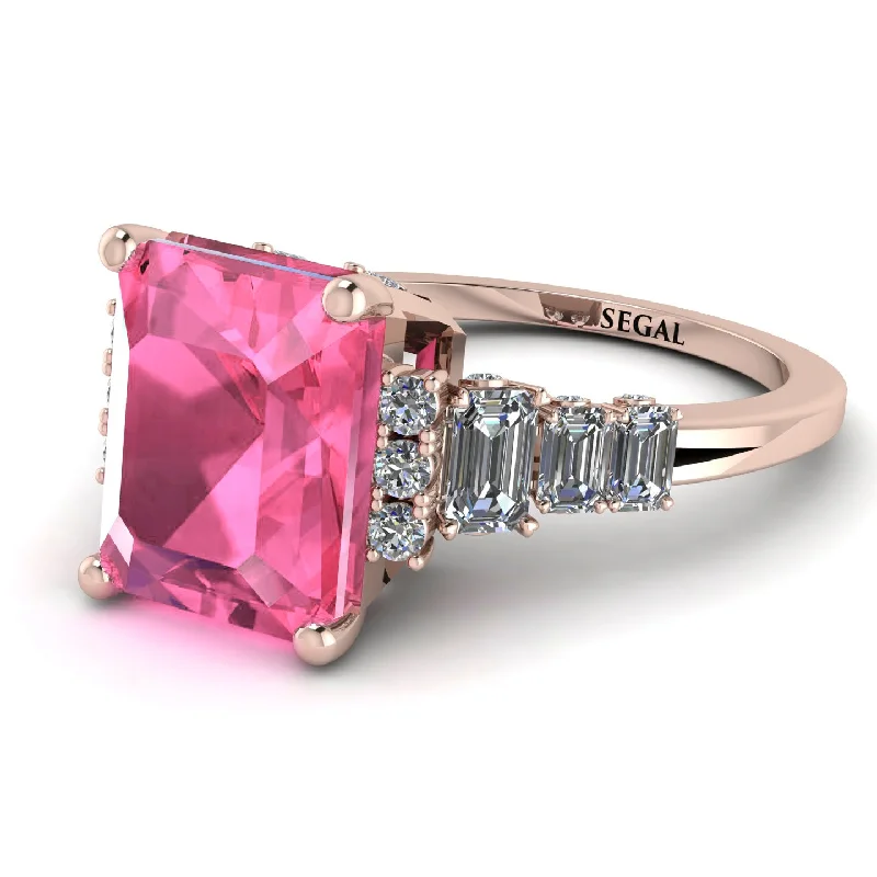 Emerald Cut Pink Moissanite Ring Hidden Round Diamonds - Sawyer No. 802