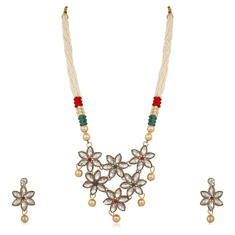 Cute Heart Pendant Necklace-Mahi Floral Design Ethnic Pendant Necklace Set Earrings Jewellery with Kundan and Artifical Pearl for Women (VNCJ100244WHT)