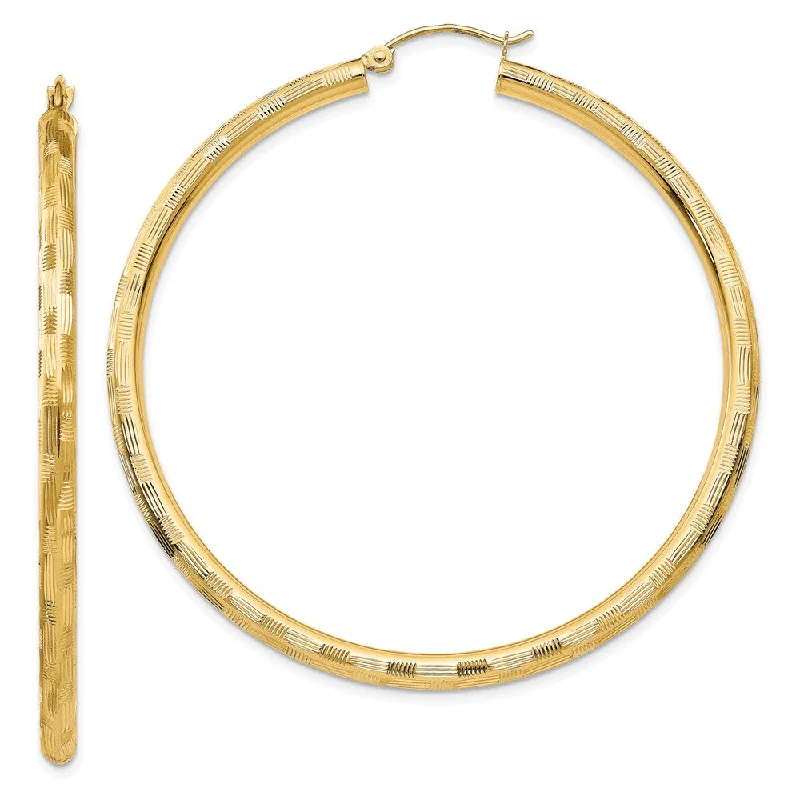 Cuff Style Earrings-3mm x 55mm 14k Yellow Gold Textured Round Hoop Earrings