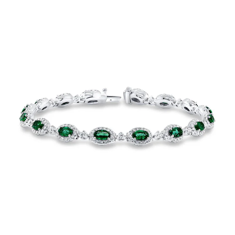 Personalized Friendship Bracelets-Uneek Precious Collection Halo Oval Shaped Emerald Link Bracelet