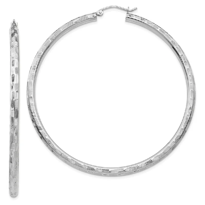 Bold Gemstone Earrings-3mm x 60mm 14k White Gold Textured Round Hoop Earrings