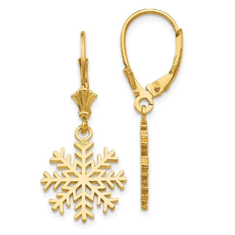 Pear Shaped Earrings-14k Yellow Gold Snowflake Leverback Earrings