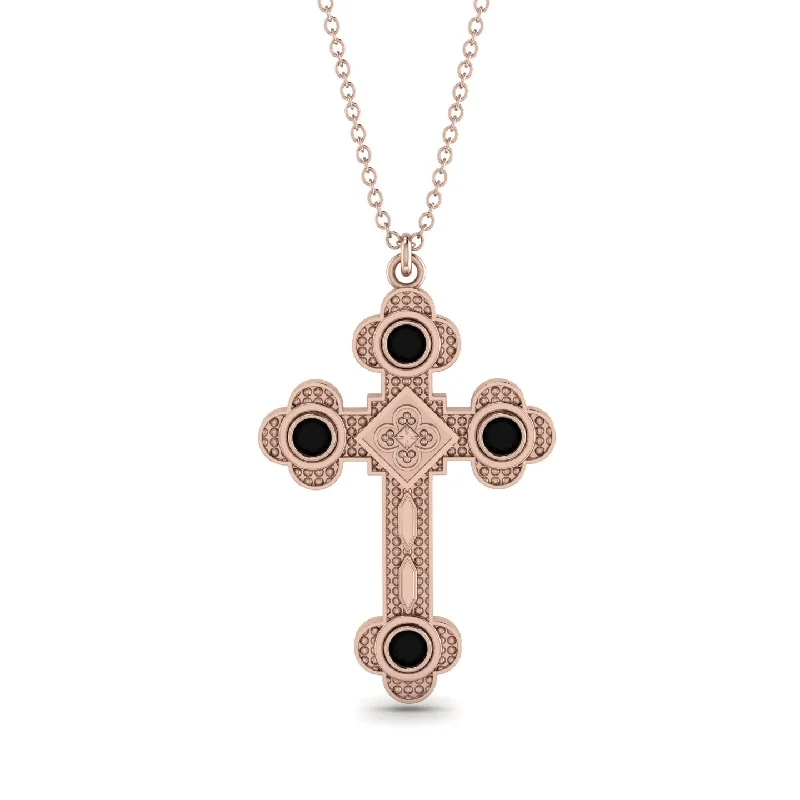 Silver and Gold Necklace-Ornamented Orthodox Cross Black Diamond Necklace - Caden No. 8