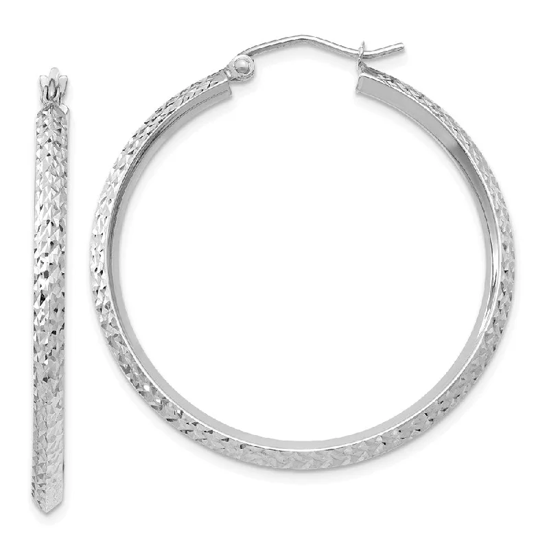 Heart Shaped Stud Earrings-2.5mm, 14k White Gold Knife Edge Diamond Cut Hoops, 35mm (1 3/8 Inch)