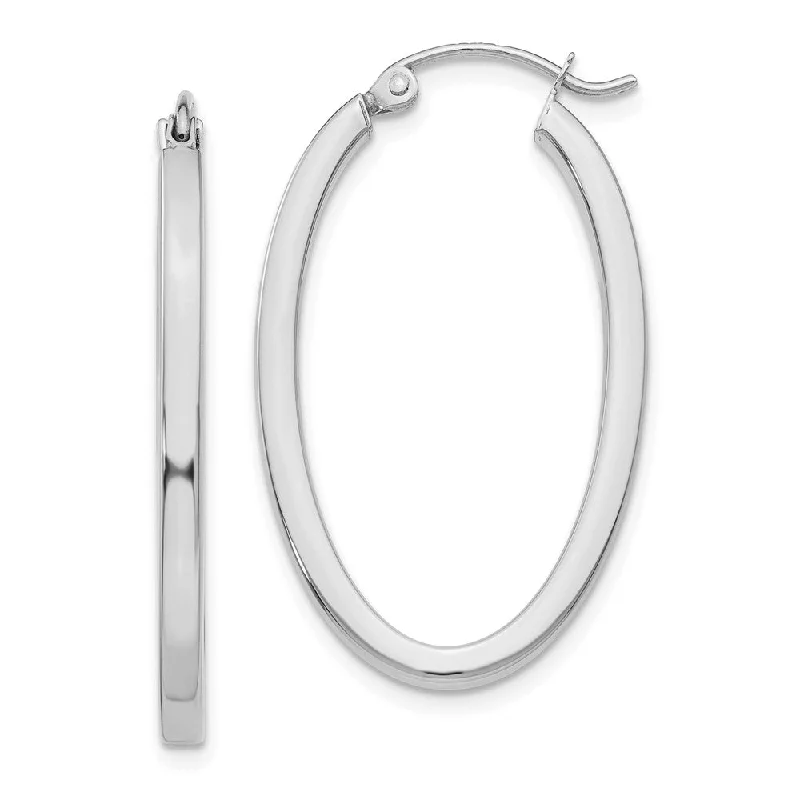 Large Silver Earrings-2mm, 14k White Gold Square Tube Oval Hoop Earrings, 30mm (1 1/8 Inch)