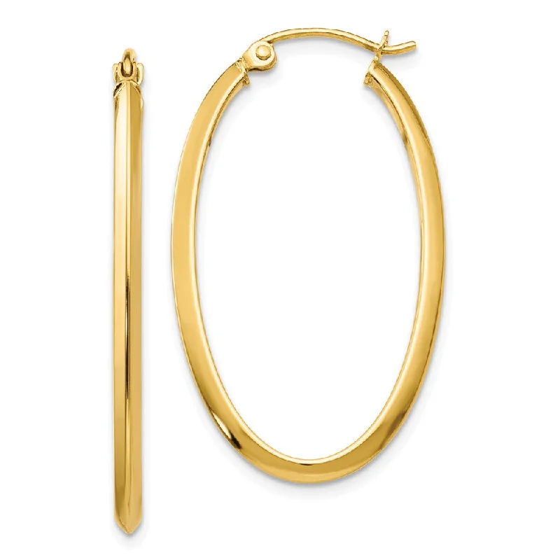 Casual Drop Earrings-2mm x 35mm (1 3/8 Inch) Polished 14k Yellow Gold Point Edge Oval Hoops