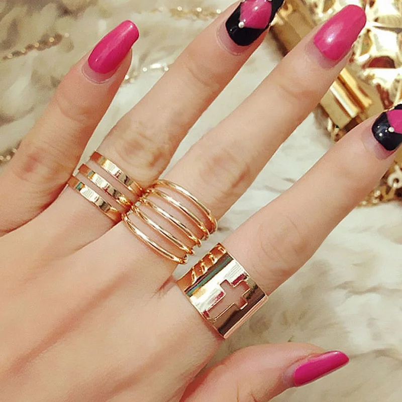 Sexy Sparkles Adjustable Women's Band Knuckle Midi Ring Set Gold Tone Cross & Stripes Pattern 1 Set(3pcs)