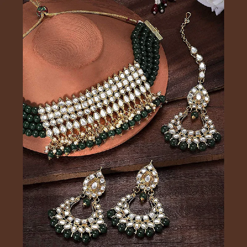 Vintage Pearl Necklace-Etnico 18K Gold-Plated Kundan & Pearl Studded Choker Necklace Jewellery Set for Women Kundan & Girls (K7083G)