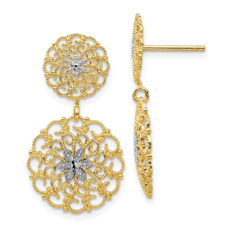 Luxurious Sapphire Earrings-Filigree Medallion Drop Earrings in 14k Yellow Gold and Rhodium