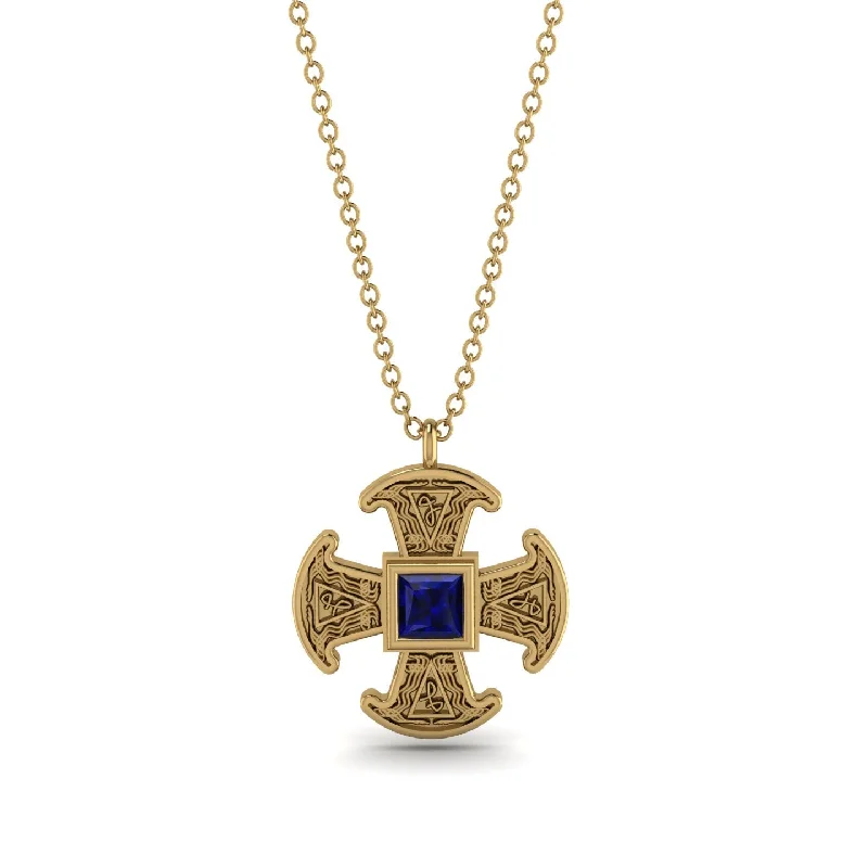 Lightweight Gold Necklace-Celtic Cross Sapphire Necklace - Thomas No. 13