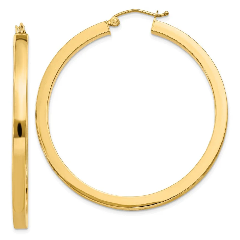 Large Gemstone Earrings-3mm, 14k Yellow Gold Square Tube Round Hoop Earrings, 45mm (1 3/4 In)