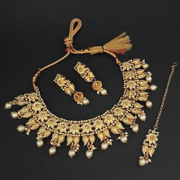 Chunky Bead Necklace-Amina Creation Gold Plated Brown Austrian Stone Necklace Set With Maang Tikka -1107992A