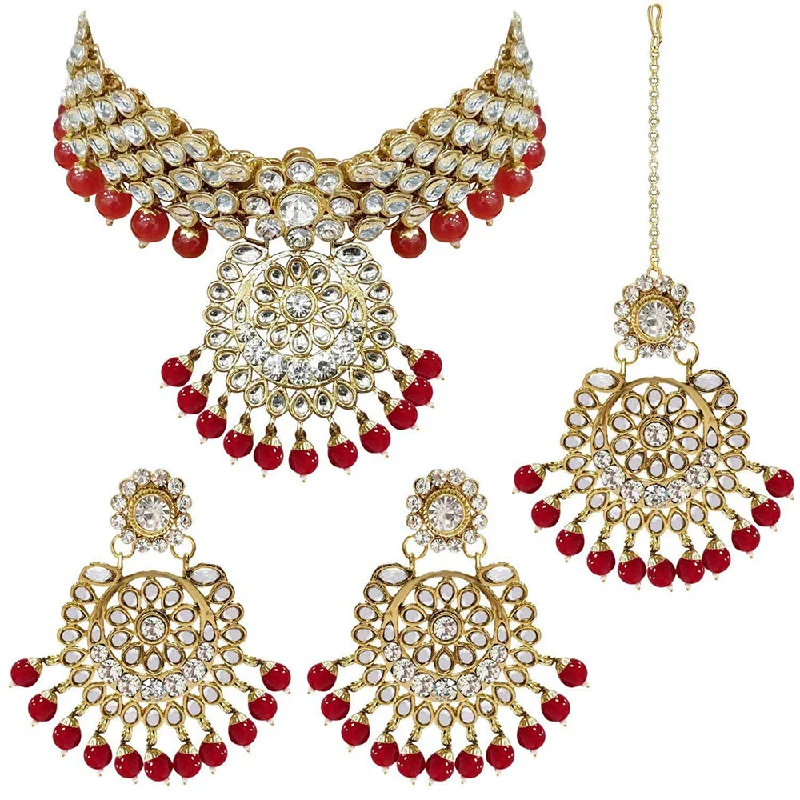 Double Pendant Necklace-Etnico Traditional Gold Plated Kundan Pearl Wedding Choker Necklace Set Earrings & Maang Tikka for Women (IJ331R)