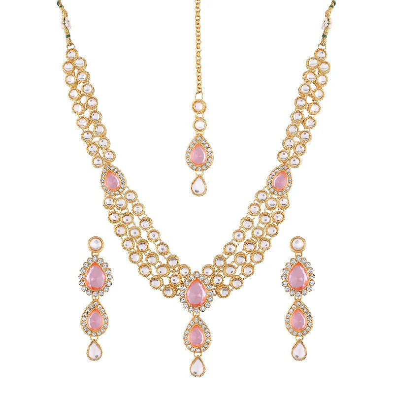 Modern Pendant Necklace-Etnico Gold Plated and American Diamond Necklace Set for Women & Girls (Pink)