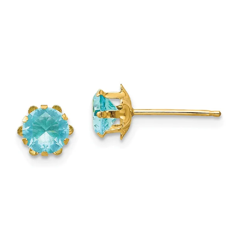 Colored Stone Earrings-Kids 5mm Synthetic Aquamarine Birthstone 14k Yellow Gold Stud Earrings