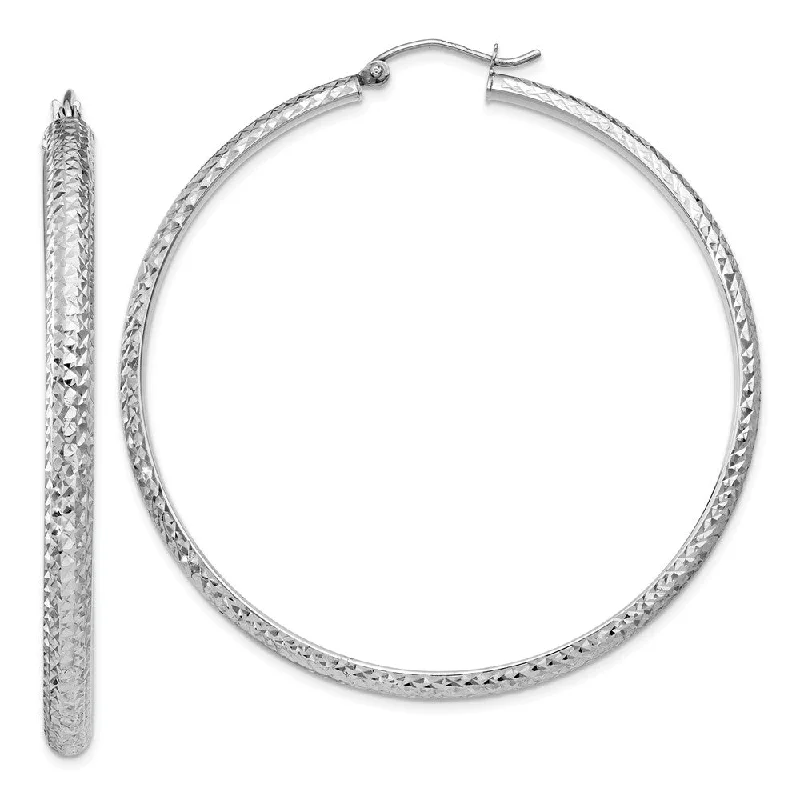 Classic Diamond Earrings-3.5mm, Diamond Cut 14k White Gold Round Hoop Earrings, 52mm (2 Inch)