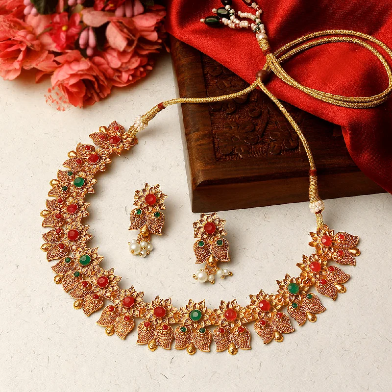 Name Necklace for Mom-Shrishti Fashion Traditional Paisley Flower Design Gold Plated Choker Necklace Set For Women