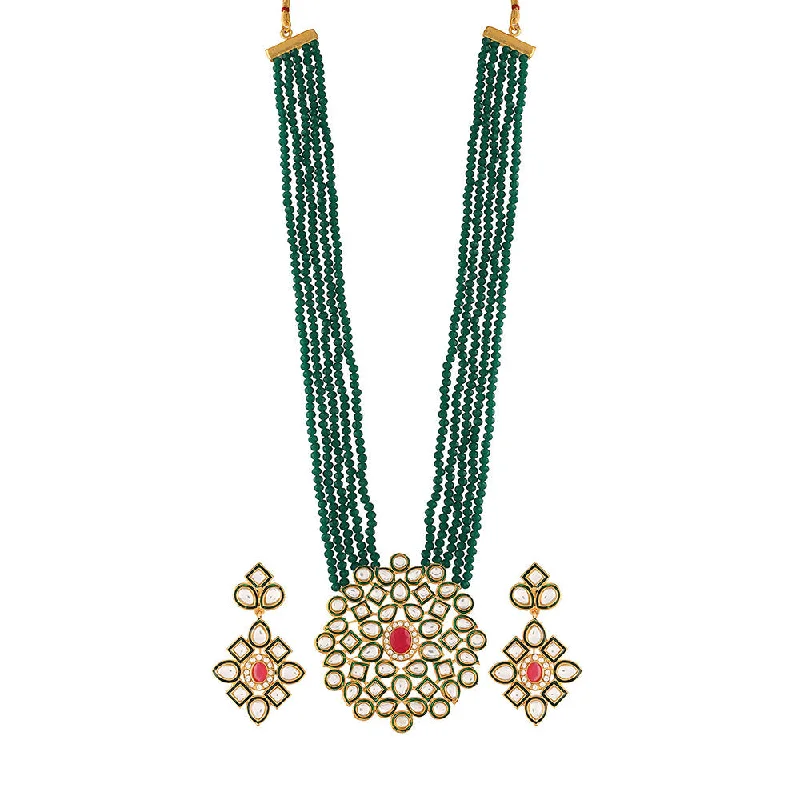 Luxury Custom Necklace-Etnico 5 Layered Emerald Onyx Crystal Beads Alloy Necklace Jewellery Set Glided With Uncut Polki Kundan for Women & Girls (ML269G)(Green)