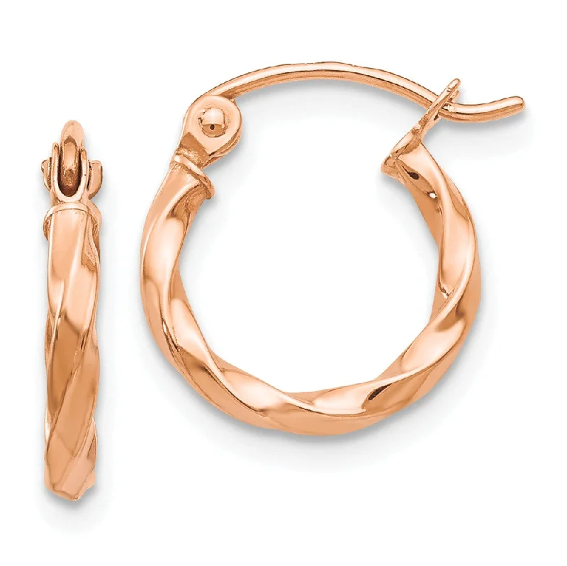 Classic Gold Earrings-2mm x 13mm 14k Rose Gold Small Twisted Round Hoop Earrings