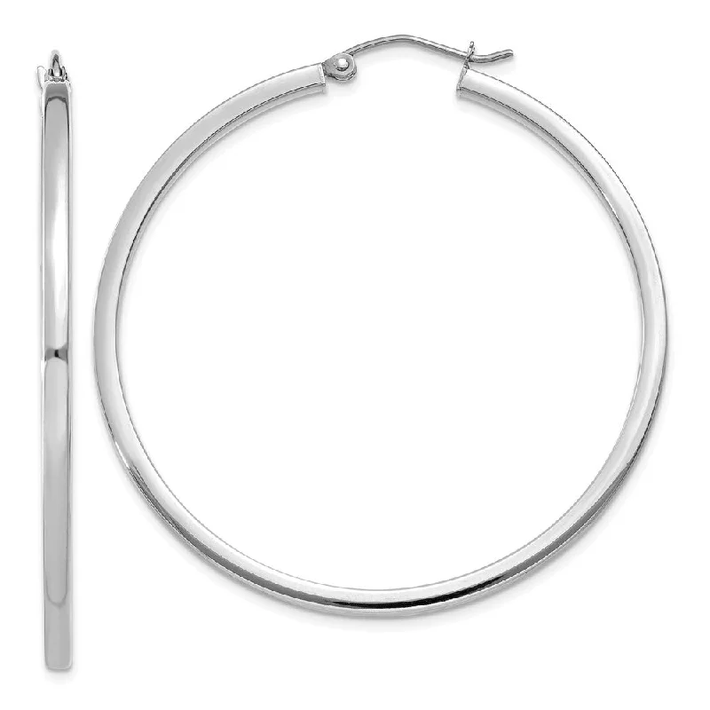 Feather Earrings-2mm, 14k White Gold Square Tube Round Hoop Earrings, 45mm (1 3/4 Inch)