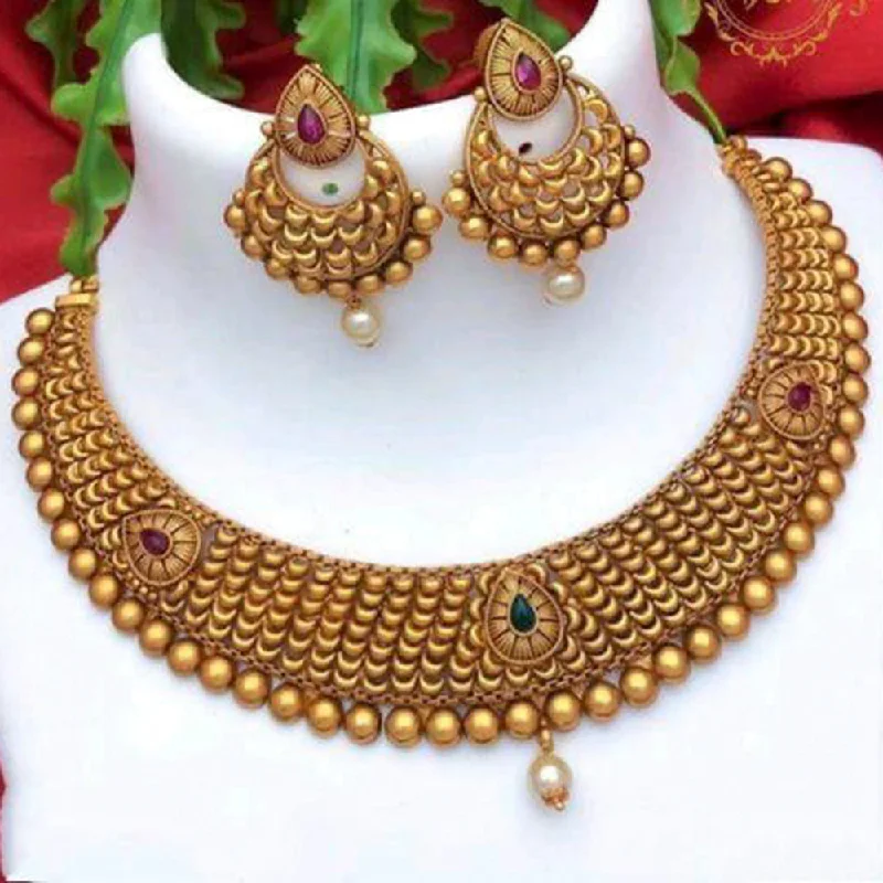 Gold Statement Necklace-Sai Fashion Gold Plated Pink & Green Pota Stone Choker Necklace Set