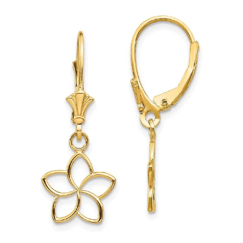 Gold Hoop Earrings-11mm Plumeria Silhouette Lever Back Earrings in 14k Yellow Gold