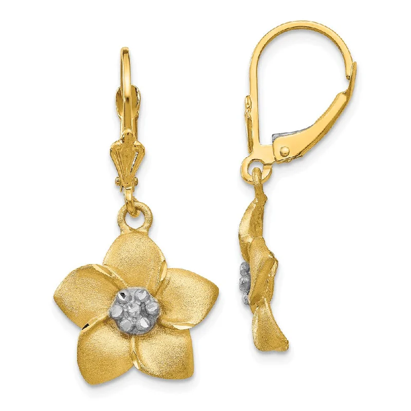 Wedding Diamond Earrings-Two Tone Flower Blossom Lever Back Earrings in 14k Gold