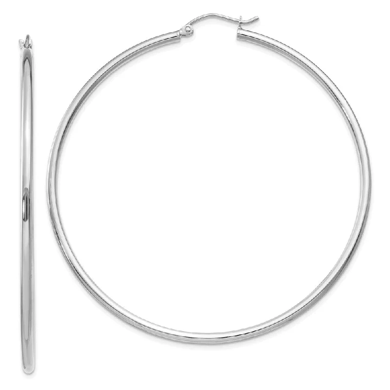 Unique Designer Earrings-2mm, 14k White Gold Classic Round Hoop Earrings, 60mm (2 3/8 Inch)