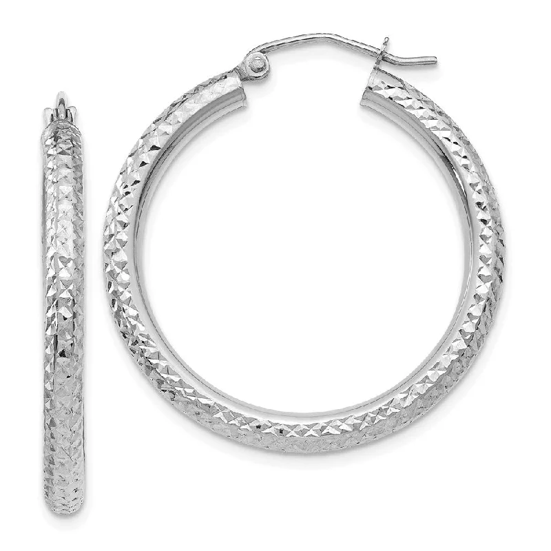 Feather Earrings-3mm x 30mm, 14k White Gold, Diamond-cut Round Hoop Earrings