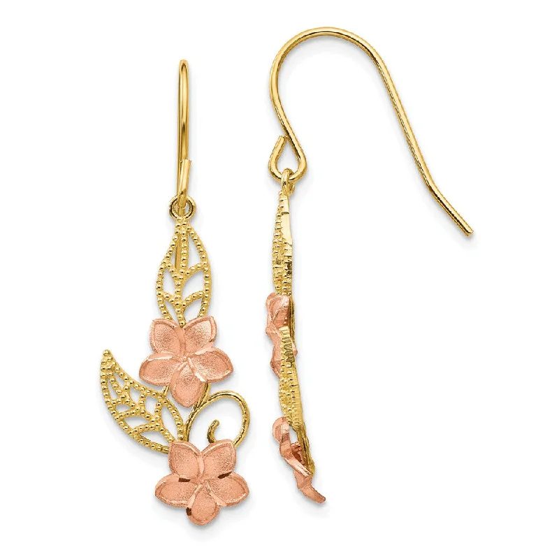 Handcrafted Sterling Earrings-Two Tone Double Plumeria Dangle Earrings in 14k Yellow and Rose Gold