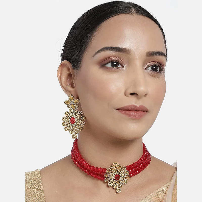 Unique Leather Necklace-Etnico 18K Gold Plated Traditional Kundan with Beads Choker Necklace Jewellery Set for Women/Girls (ML264MFL)