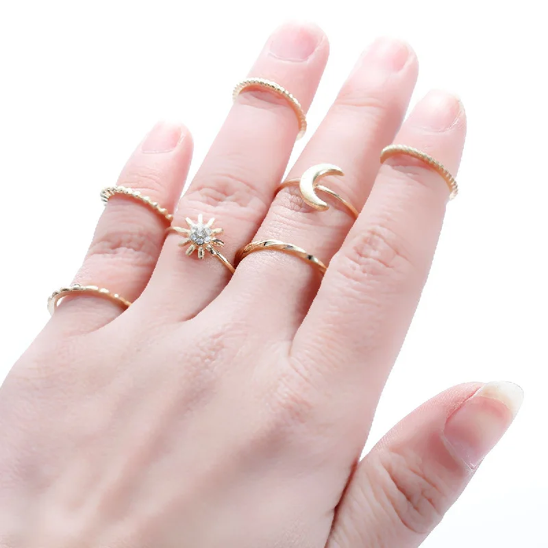 Sexy Sparkles 7PCS Vintage Moon Flower Joint Knuckle Nail Midi Ring Set