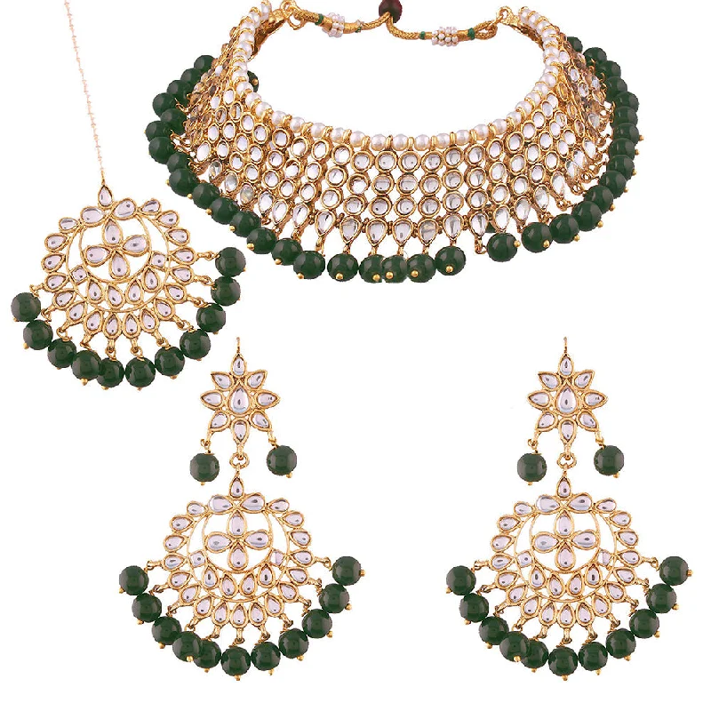 Unique Gemstone Necklace-Etnico 18K Gold Plated Traditional Handcrafted Kundan & Pearl Studded Choker Necklace Jewellery Set with Earrings & Maang Tikka (K7075G)