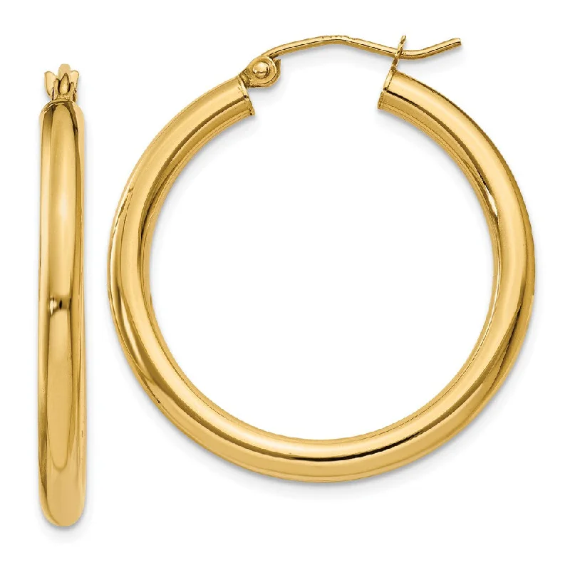 Chunky Gold Hoop Earrings-3mm x 30mm 14k Yellow Gold Classic Round Hoop Earrings