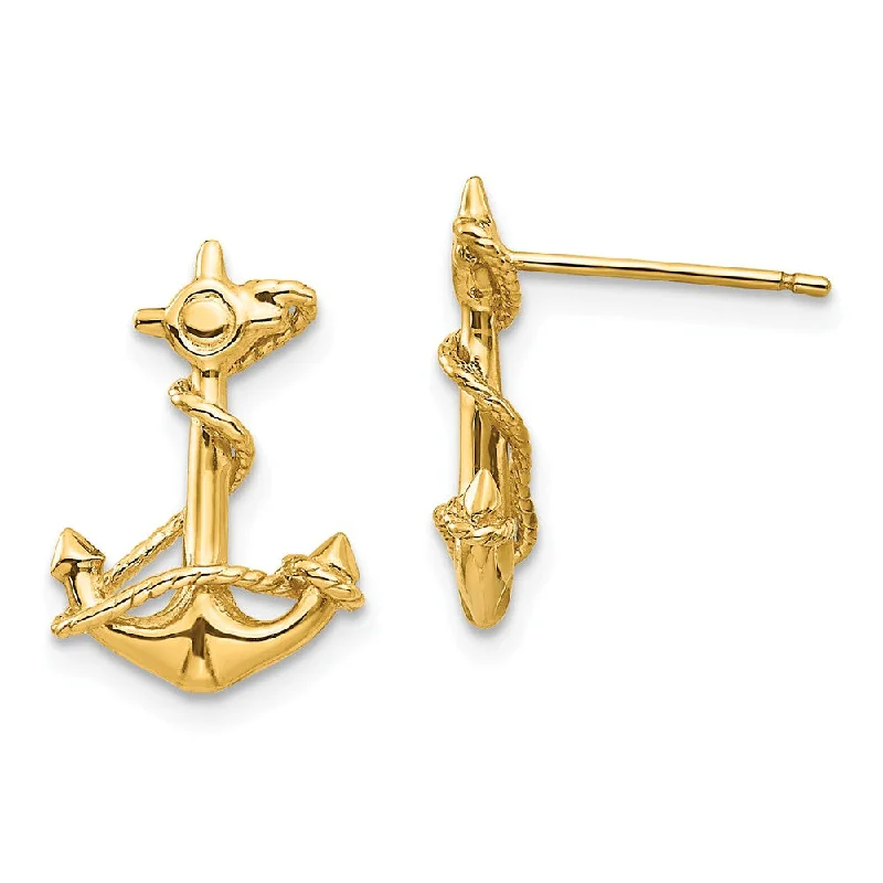 High-Quality Stud Earrings-15mm 3D Anchor with Rope Post Earrings in 14k Yellow Gold