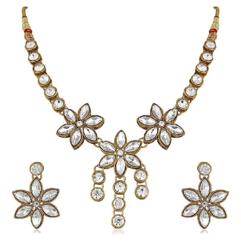 Choker Necklace for Women-Mahi Traditional Jewellery Kundan and Artificial Pearl Floral Necklace Set with Earrings for Women (VNCJ100252WHT)