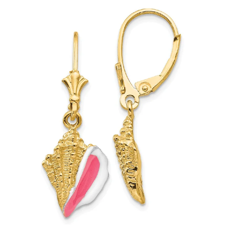 Sterling Silver Drop Earrings-Pink & White Enameled Conch Shell Dangle Earrings in 14k Yellow Gold