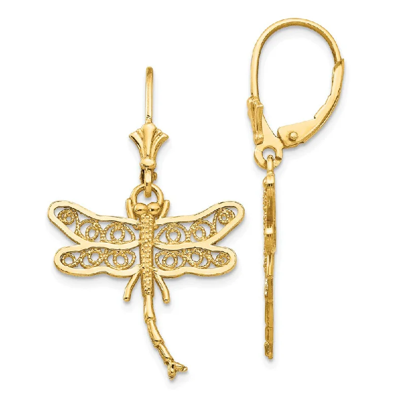 Round Gold Earrings-21mm Filigree Dragonfly Lever Back Earrings in 14k Yellow Gold