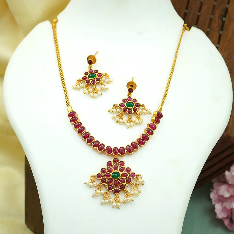 Fancy Choker Necklace-Diksha Collection Gold Plated Pota Stone Long Necklace Set - N 689