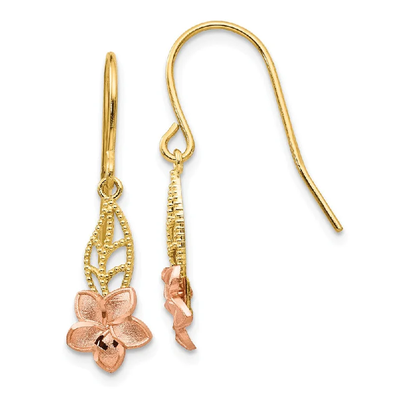 Bridal Earrings Set-Small Two Tone Plumeria Dangle Earrings in 14k Yellow and Rose Gold