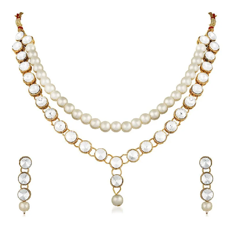 Heart Shaped Gold Necklace-Mahi Traditional Jewellery Kundan and Artificial Pearl Necklace Set with Earrings for Women (VNCJ100247WHT)