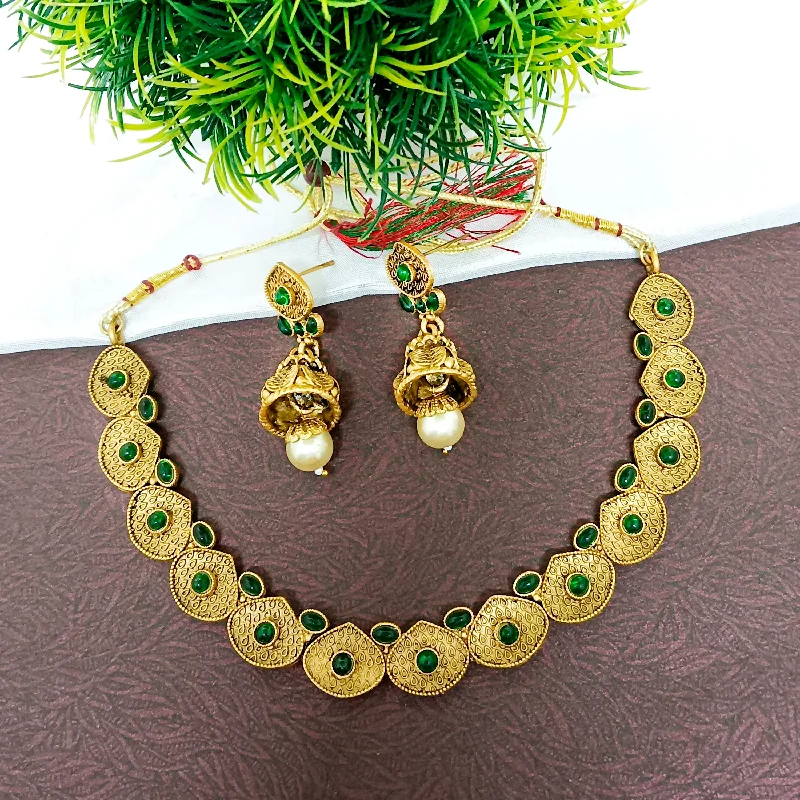 Round Gemstone Necklace-Darshana Jewels Pota Stone Gold Plated Necklace Set