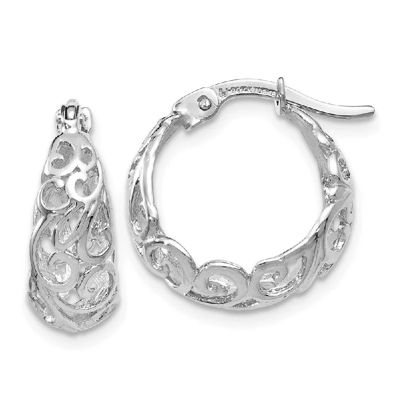 Butterfly Gold Earrings-Ornate Tapered Round Hoop Earrings in 14k White Gold, 16mm (5/8 Inch)